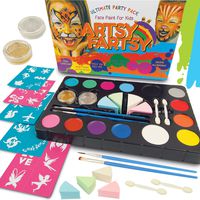 Artsy Fartsy Face Paint Kit for Kids - 50 Jumbo Stencils, 14 Large Paints, 4 Blending Sponges, 2 Applicators, 2 Brushes 2 Glitter Professional Quality Body Painting Set Halloween Makeup Skin Safe