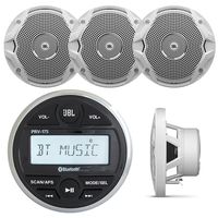 JBL PRV-175 Marine Boat Yacht 180W Media USB AUX Gauge Style Bluetooth Stereo Receiver Bundle With 4 x MS6510 6.5" White Stereo Speakers (2 Pairs)