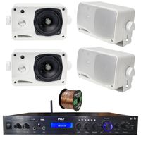 Pyle Home Theater Amplifier Audio Bluetooth MP3/USB/SD/AUX/FM Receiver System, with 4X Pyle 3.5'' 200 Watt 3-Way Weather Proof Mini Box Speakers (White), Enrock Audio 16-Gauge 50 Foot Speaker Wire