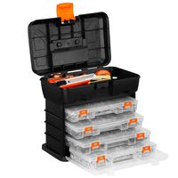 VonHaus Multi-purpose Small Parts, Crafts or Tool Organizer/Storage Box - 4 Removable Trays & Adjustable Dividers (10.9 x 10.1 x 6.9 inches - Black/Orange)