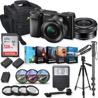Sony Alpha a6000 Mirrorless Digital Camera 16-50mm f/3.5-5.6 OSS Lens Kit + Prime Accessory Bundle with 128GB Memory & Photo/Video Editing Software - Black