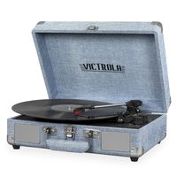 Victrola Bluetooth Suitcase Record Player with 3-Speed Turntable, Light Denim Blue Linen