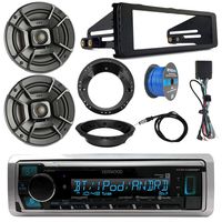 Kenwood Marine Digital Media Bluetooth Receiver, 2X Polk 6.5" 2 Way Speakers, 1998-2013 Harley Speaker Mounting Ring Adapter, 50 FT 14 AWG Speaker Wire, Antenna, Single-DIN Stereo Install Kit