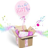 "It's A Girl" INFLATED Helium Balloon Gift Package for New MOM | Includes Coordinating Customizable Greeting Card | Floats Out of The Box and Plays a Happy Jingle When Opened