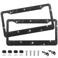 EEEKit Rhinestone License Plate Frame, 2 Packs Pure Handmade Waterproof License Plate Frame Aluminium Metal Chrome Crystal Diamond Bling License Plate with Screw Caps(Black)