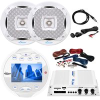 Sound Around Lanzar Waterproof Bluetooth Marine Digital Media White Stereo Receiver, 2X 6.5'' 2-Way Speakers, Pyle 2-Channel 200W RMS Amplifier w/Wiring Kit, Antenna, Auxiliary Interface Mount