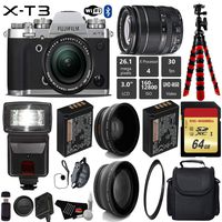 FUJIFILM X-T3 Mirrorless Digital Camera (Silver) with 18-55mm Lens + Flash + UV FLD CPL Filter Kit + Wide Angle & Telephoto Lens + Camera Case + Tripod + Card Reader - International Version