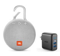 JBL Clip 3 Portable Bluetooth Wireless Speaker Bundle with Dual Port 24W USB Travel Wall Charger - White