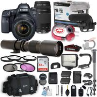 Canon EOS 6D Mark II DSLR Camera w/ 24-105mm f/4L is II USM Lens + Canon 75-300mm Lens + 500mm Preset Lens + Professional Video Accessory Bundle Includes ECKO Headphones, Microphone, LED Light & More