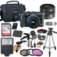 Canon EOS M6 Mirrorless Digital Camera (Black) with 15-45mm STM Lens + Deluxe Accessory Bundle Including Sandisk 32GB Card, Canon Case, Flash, Grip Multi Angle Tripod, 50" Tripod, Filters and More.