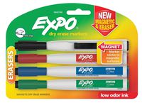 EXPO Magnetic Dry Erase Markers with Eraser, Fine Tip, Low Odor Ink, 4 Count, 4 Assorted Colors: Black, Red, Blue, Green
