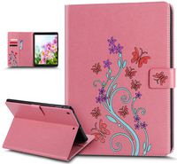 iPad Air Case,iPad Air Cover,ikasus Colorful Painted Embossing Butterfly Flower Premium PU Leather Flip Wallet Pouch Stand Credit Card ID Holders Protective Case Cover for iPad Air/iPad 5,Pink