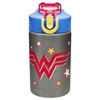 Zak Designs DC Wonder Woman - Stainless Steel Water Bottle with One Hand Operation Action Lid, Built-in Carrying Loop, Kids Water Bottle with Straw Spout is Perfect for Kids (15.5 oz, 18/8, BPA-Free)