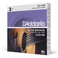D'Addario EJ13-3D 80/20 Bronze Acoustic Guitar Strings, 11-52, 3 Sets, Custom Light