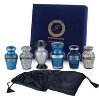 Keepsake Cremation Urns, Blue & White (6pc), Small Funeral Urns for Human Ashes w/Velvet Box, by Fedmax.