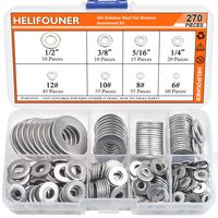 HELIFOUNER 270 Pieces 8 Sizes 304 Stainless Steel Flat Washers Assortment Kit, 1/2" 3/8" 5/16" 1/4" 12# 10# 8# 6#