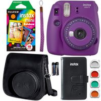 Fujifilm Instax Mini 9 Instant Camera - Purple w/Clear Accents, Fujifilm Rainbow Instant Mini Film, Fujifilm Instax Groovy Camera Case - Black and Fujifilm INSTAX Wallet Album - Black