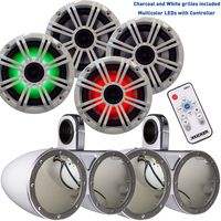 KICKER 6.5 Inch KM-Series Marine Speaker Bundle 41KM654LCW with Dual White Wake Tower Enclosures and LED Remote