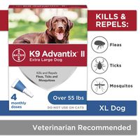 Bayer K9 Advantix II Flea, Tick and Mosquito Prevention for X-Large Dogs, Over 55 lb, 4 doses