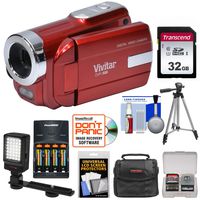 Vivitar DVR-508 HD Digital Video Camera Camcorder (Red) with 32GB Card + Batteries & Charger + Case + LED Video Light + Tripod + Kit