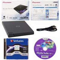 Pioneer 6X BDR-XD05B External Portable Blu-ray Burner in Retail Box Bundle with 100GB Verbatim M-Disc BDXL and Cyberlink Burning Software