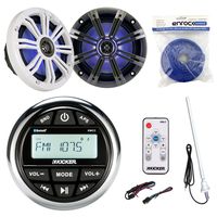 Kicker KMC2 Marine Boat Yacht Gauge Style AM/FM Stereo Receiver Bundle Combo With 2x 6.5" Multi Color LED Audio Speakers W/ Light Remote Control + Enrock 45" Antenna + 50 Feet 14g Speaker Wire