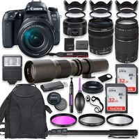 Canon EOS 77D DSLR Camera with 18-135mm Lens Bundle + Canon EF 75-300mm III Lens, Canon 50mm f/1.8 and 500mm Preset Lens + Deluxe Backpack + 64GB Memory + Monopod + Professional Bundle