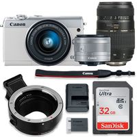 Canon EOS M100 Mirrorless Digital Camera (White) Bundle w/Canon EF-M 15-45mm is STM & Tamron 70-300mm Di LD Lenses + Auto (EF/EF-S to EF-M) Mount Adapter + Basic Camera Kit
