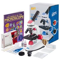 AMSCOPE-Kids 40X-1000X Dual Illumination Microscope (Red) with Slide Prep Kit and Book