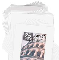Mat Board Center, 8x10 Picture Mat Sets for 5x7 Photo. Includes a Pack of 25 White Core Bevel Pre-Cut White Core Matte & 25 Backing Board & 25 Clear Bags (White)