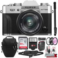 Fujifilm X-T30 4K Wi-Fi Mirrorless Digital Camera with XC 15-45mm Lens Kit - Silver with 64GB Deluxe Bundle and Travel Photo Cleaning Kit