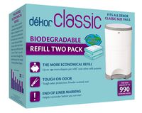 Dekor Classic Diaper Pail Biodegradable Refills | 2 Count | Most Economical Refill System | Quick and Simple to Replace | No Preset Bag Size - Use Only What You Need | Exclusive End-of-Liner Marking
