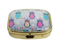 LCTCKP Custom Fashion Square Glass Gold Pill Case Decorative Metal Western Medicine Tablet Container Box (Owls in Cartoon Style)