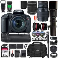 Canon EOS Rebel T7i DSLR Camera w/Battery Grip & 3 Lens Kit (18-135mm, 70-300mm & 500mm Preset) + Pro Luxury Accessory Bundle (20+ Items) incl. Canon Gadget Bag, 64GB Memory Card, TTL Flash & More