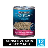 Purina Pro Plan Sensitive Stomach Pate Wet Dog Food, FOCUS Sensitive Skin & Stomach Salmon & Rice Entree - (12) 13 oz. Cans