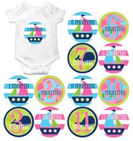 Gift Set of 12 Round Keepsake Photography Monthly Baby Stickers with Pink Nautical Sailing and Whales MOSG088