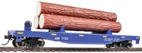 Walthers Trainline HO Scale Model Log Dump Car with 3 Logs - Ready to Run Alaska Railroad #17102 (Blue, Yellow Conspicuity Marks)