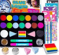 Face Paint Kit for Kids - Jumbo Stencils, 17 Large Paints, Rainbow Cake, 168 Gems, 2 Hair Chalks 3 Brushes 2 Glitter Professional Quality Body Painting Set Halloween Makeup Skin Safe (1 Pack)...