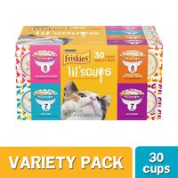 Purina Friskies Grain Free Wet Cat Food Complement Variety Pack, Lil' Soups Salmon, Tuna, Chicken & Shrimp, 30 Count  (Pack of 1)