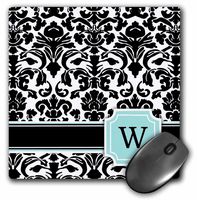 Letter W monogram mint blue black and white damask pattern - classy - Mouse Pad, 8 by 8 inches (mp_154372_1)