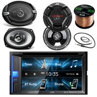 JVC KWV120BT 6.2" Touch Screen Car CD/DVD Bluetooth Receiver Bundle Combo With 2x 6.5" 2-Way And 2x 6x9" Inch 4-Way Audio Coaxial Speakers + Enrock 22" AM/FM Antenna + 50 Ft 16G Speaker Wire