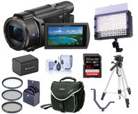 Sony FDR-AX53 4K Ultra HD Handycam Camcorder - Bundle with Video Bag, 32GB SDHC U3 Card, 55mm Filter Kit, Spare Battery, Video Light, Cleaning Kit, Tripod, Triple Shoe V-Bracket,