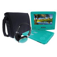KORAMZI 7 inch Portable DVD Player with Rechargeable Battery, SD Card Slot and USB Port Swivel and Fold Portable DVD/CD/MP3 Player with Matching Color Headphones AC/DC Adapter (Green)- PDVD777