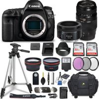 Canon EOS 5D Mark IV DSLR Camera w/ 4 Lens Bundle including 2.2x Telephoto & 0.43x Aux Wide Angle Lens + 2Pcs 32GB SD Memory + Accessories with Premium Commander Kit (29 Items)
