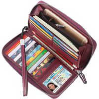 Lavemi Women's RFID Blocking Real Leather Zip Around Wallet Clutch Large Travel Purse Wristlet(Large Size Pebbled Dark Magenta)