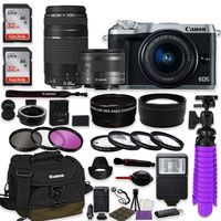 Canon EOS M6 Mirrorless Digital Camera (Silver) Bundle w/Canon EF-M 15-45mm is STM & EF 75-300mm f/4-5.6 III Lenses + Auto (EF/EF-S to EF-M) Mount Adapter + Canon Water Resistant Case + Accessories