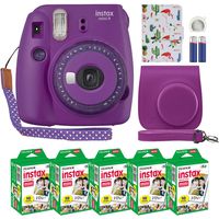 Fujifilm Instax Mini 9 Instant Camera Clear Purple with Clear Accents with Custom Case + Fuji Instax Film Value Pack (50 Sheets) Designer Photo Album for Fuji instax Mini 9 Photos