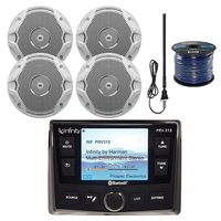 Infinity PRV350 Marine 3.5" Display Bluetooth Stereo Receiver W/ Cover, Bundle Combo With 4x 6.5" Inch 150-Watt Dual-Cone Boat Speakers + Enrock Radio Antenna + 50 Foot 16-Gauge Speaker Wire