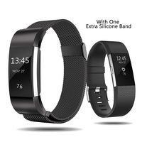 Smasy Replacement Bands Compatible with Fitbit Charge 2, Stainless Steel Metal Bands and Extra Silicone Bands(Large, Black + Black)