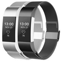 CCnutri Compatible with Fitbit Charge 2 Bands, Stainless Steel Loop Metal Mesh Bracelet for Fitbit Charge 2 Replacement Wristbands for Women Men, Large Black+Silver,2 Pack